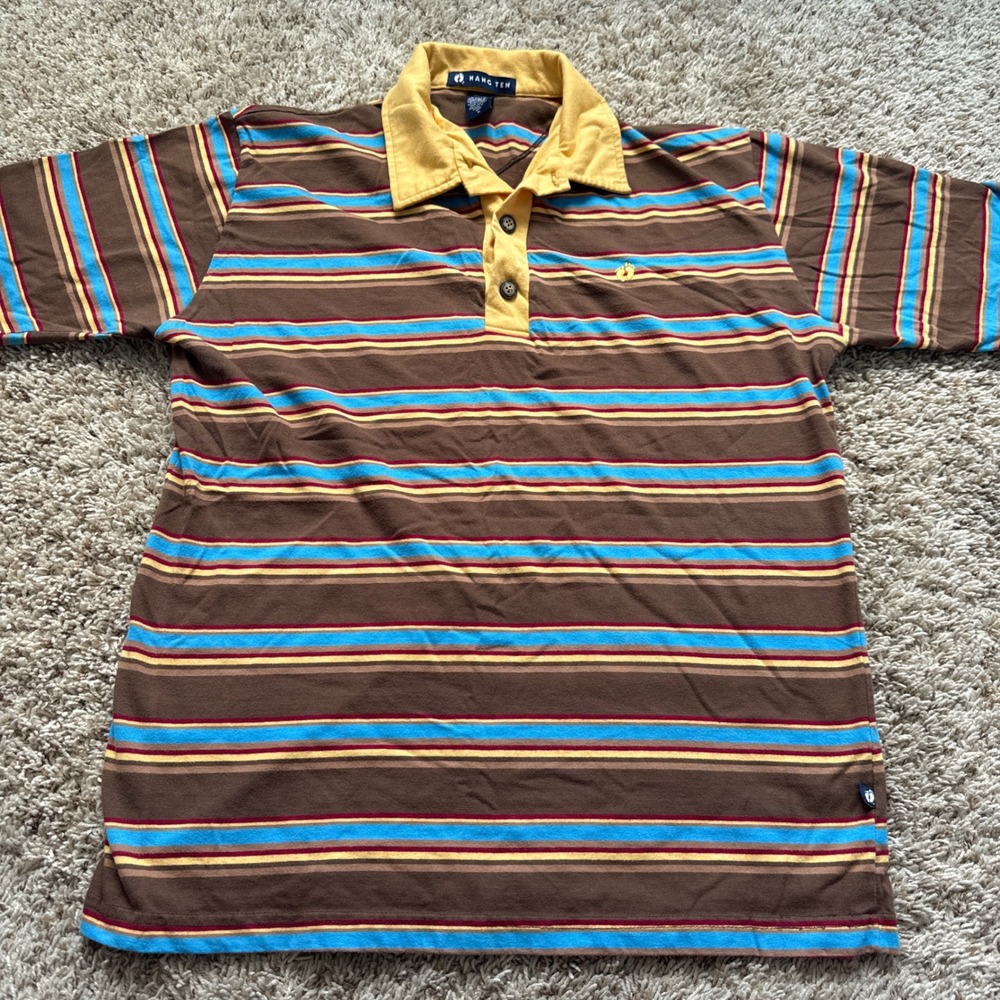 Hang Ten Mens Large Brown Striped Short Sleeve Polo Shirt Cotton Surf Retro y2k